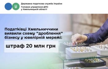 Податківці Хмельниччини виявили схему «дроблення» бізнесу у ювелірній мережі. Ілюзія малого бізнесу, обернулась штрафом понад 20 млн гривень  